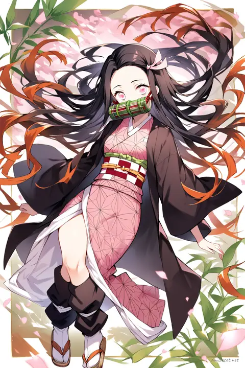 Full-body three-quarter view illustration of Nezuko Kamado wearing her classic pink kimono with hemp leaf pattern, green obi, black haori with geometric pattern, white tabi socks, zori sandals, and bamboo muzzle