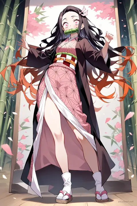 Full-body illustration of Nezuko Kamado in her Signature Look 02 wearing a pink patterned kimono, faded peach haori, black obi belt, white tabi socks, zori sandals, and bamboo mouthpiece against a clean studio background