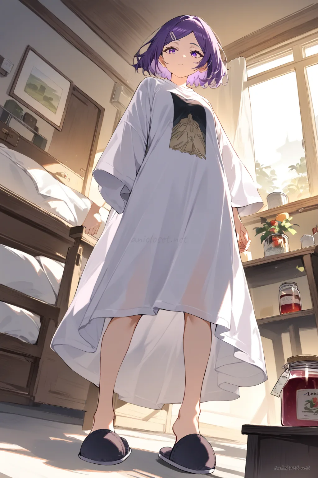 Full body illustration of Uvelle in a satin robe over graphic tee dress, wearing house slippers, leaning in kitchen doorway holding toast and jam jar