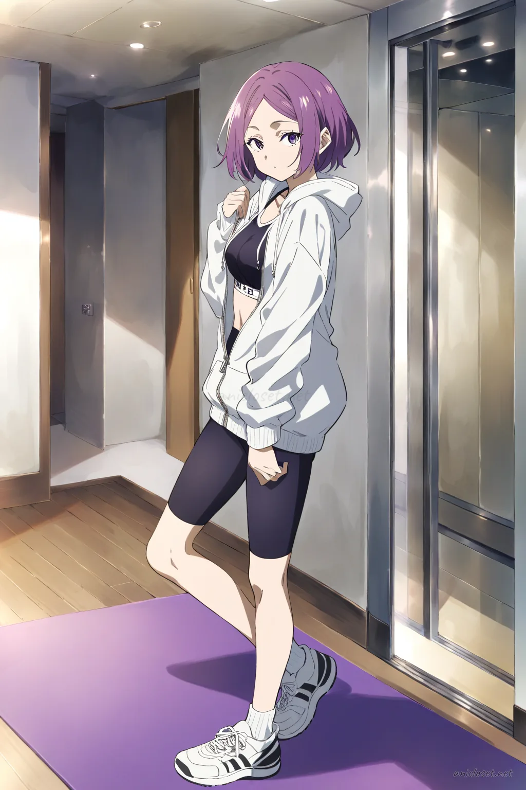 Full body illustration of Uvelle stretching on a yoga mat wearing a half-open zip hoodie, sport bra top, bike shorts, and ankle socks in a tidy living room