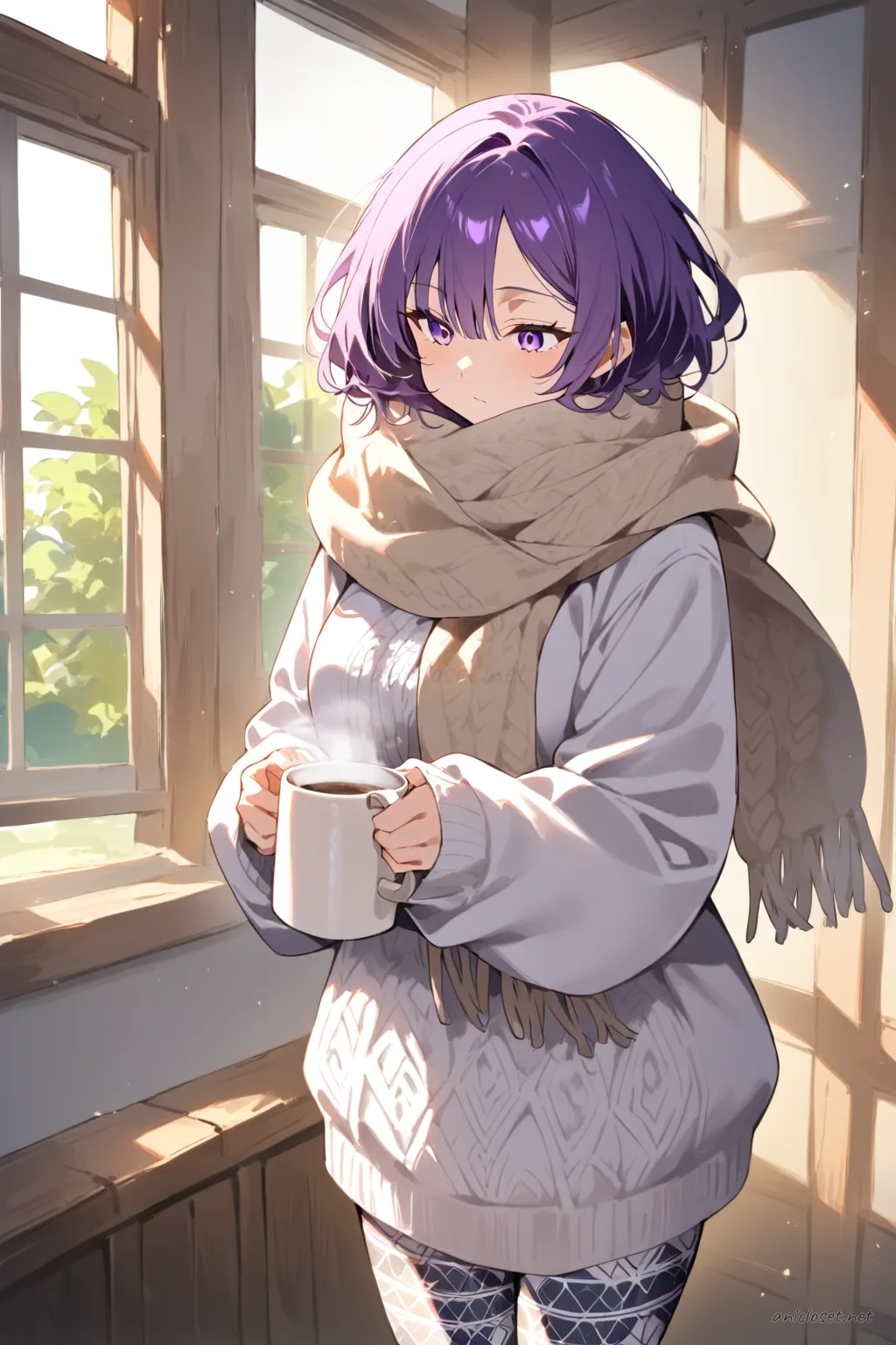 Uvelle in a long knit tunic over patterned leggings with a thick scarf, holding a warm mug, leaning on balcony door with rain-streaked glass