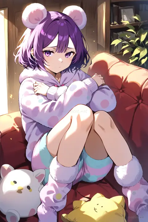 Uvelle wearing pastel animal pajama hoodie with sewn plush ears, matching shorts, fuzzy socks, holding pillow blanket in living room