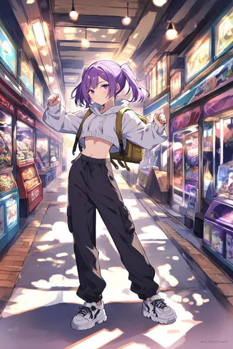 Full body three-quarter view of Uvelle wearing cropped sweater, cargo pants, chunky sneakers, and tiny backpack in covered shopping arcade
