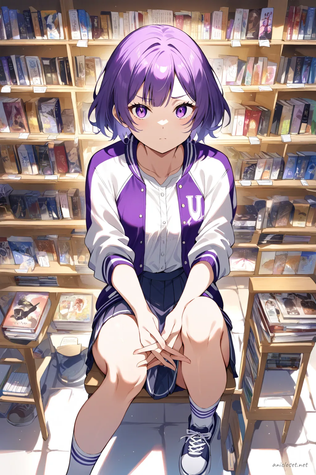Uvelle in varsity jacket and tennis skirt posing with peace sign outside school gate, wearing over-the-knee socks and sneakers