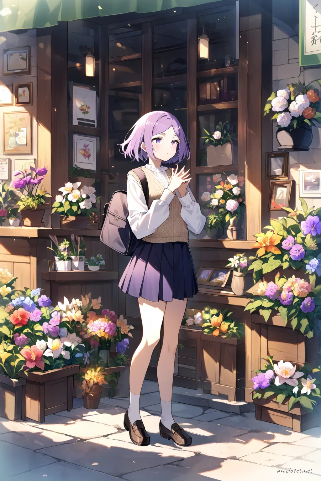 Uvelle wearing a knit vest over a long sleeve blouse and pleated mini skirt, carrying a book bag while walking under a tree-lined avenue with dappled sunlight