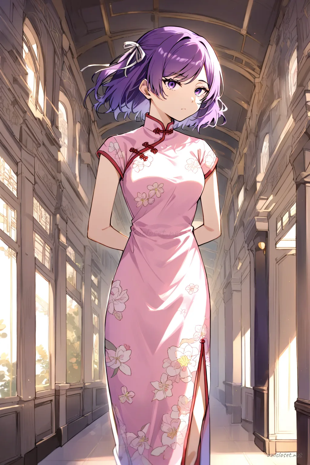 Illustration of Uvelle wearing a pastel pink qipao with floral pattern, mandarin collar, side slit, and hair ribbon