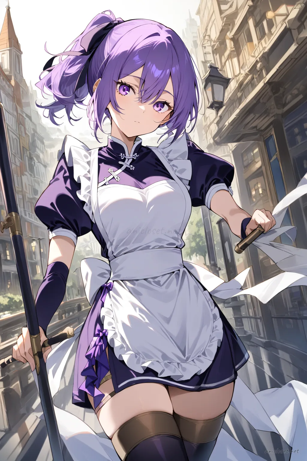 Illustration of Uvelle wearing a short qipao dress with white frilled apron, puff sleeves, thigh-high stockings, and mary jane shoes in a cowboy shot pose