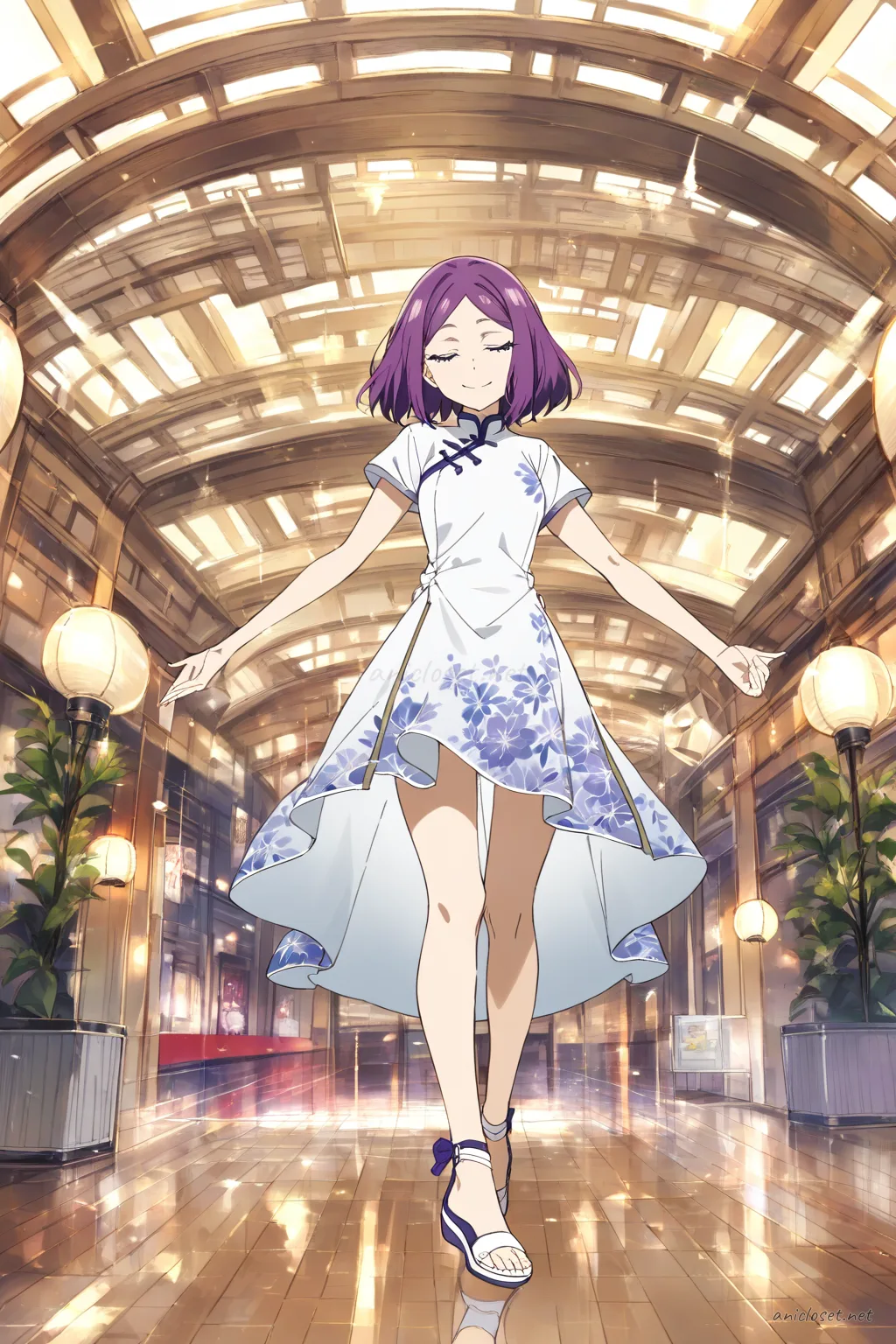 Illustration of Uvelle wearing a short-sleeve floral qipao with airy flared hem and ankle strap sandals