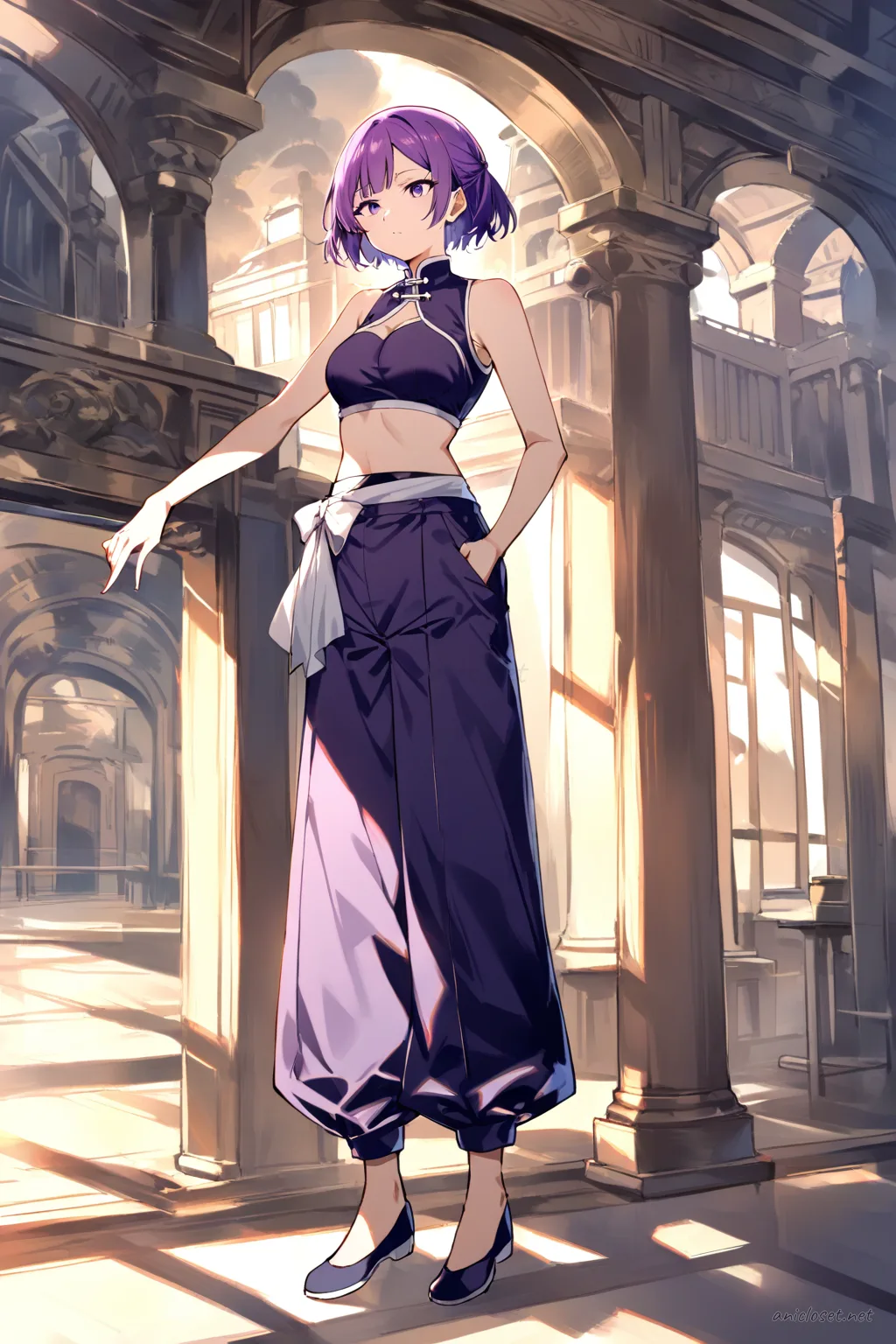 Illustration of Uvelle wearing a sleeveless qipao top with mandarin collar, soft wide trousers, ribbon sash, and flat shoes