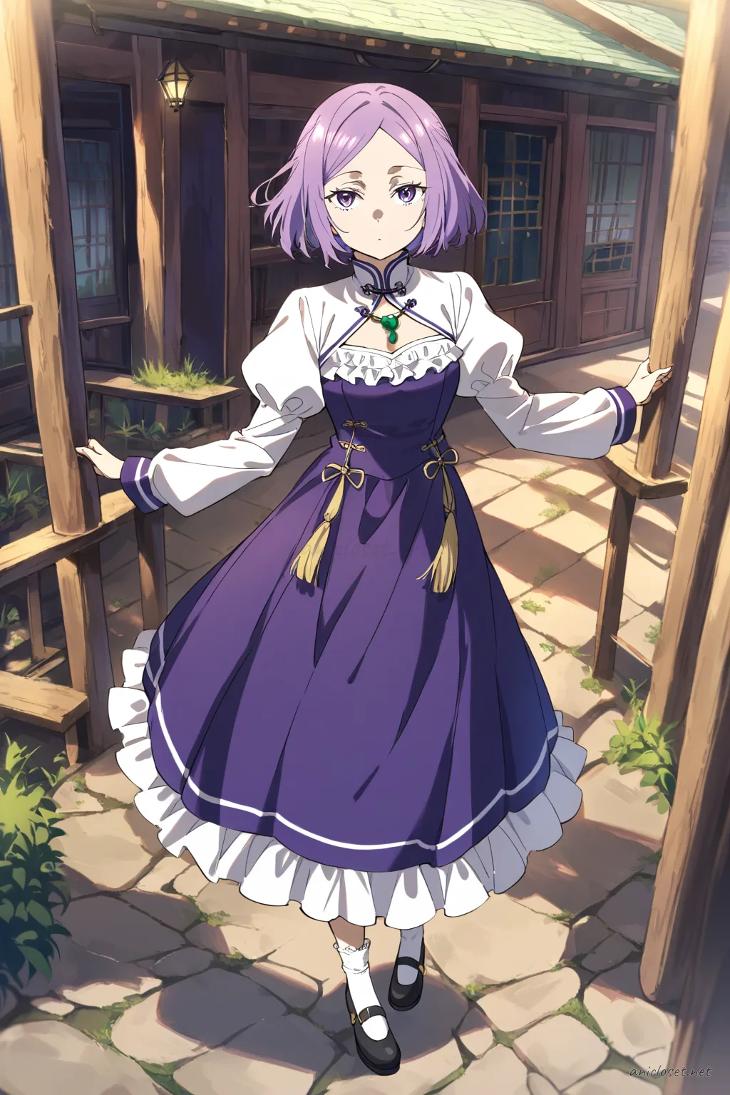 Full body illustration of Uvelle wearing a qi-Lolita hybrid China dress with high collar, frilled hem, jade charm necklace, puff sleeves, lace trim, and Mary Jane shoes