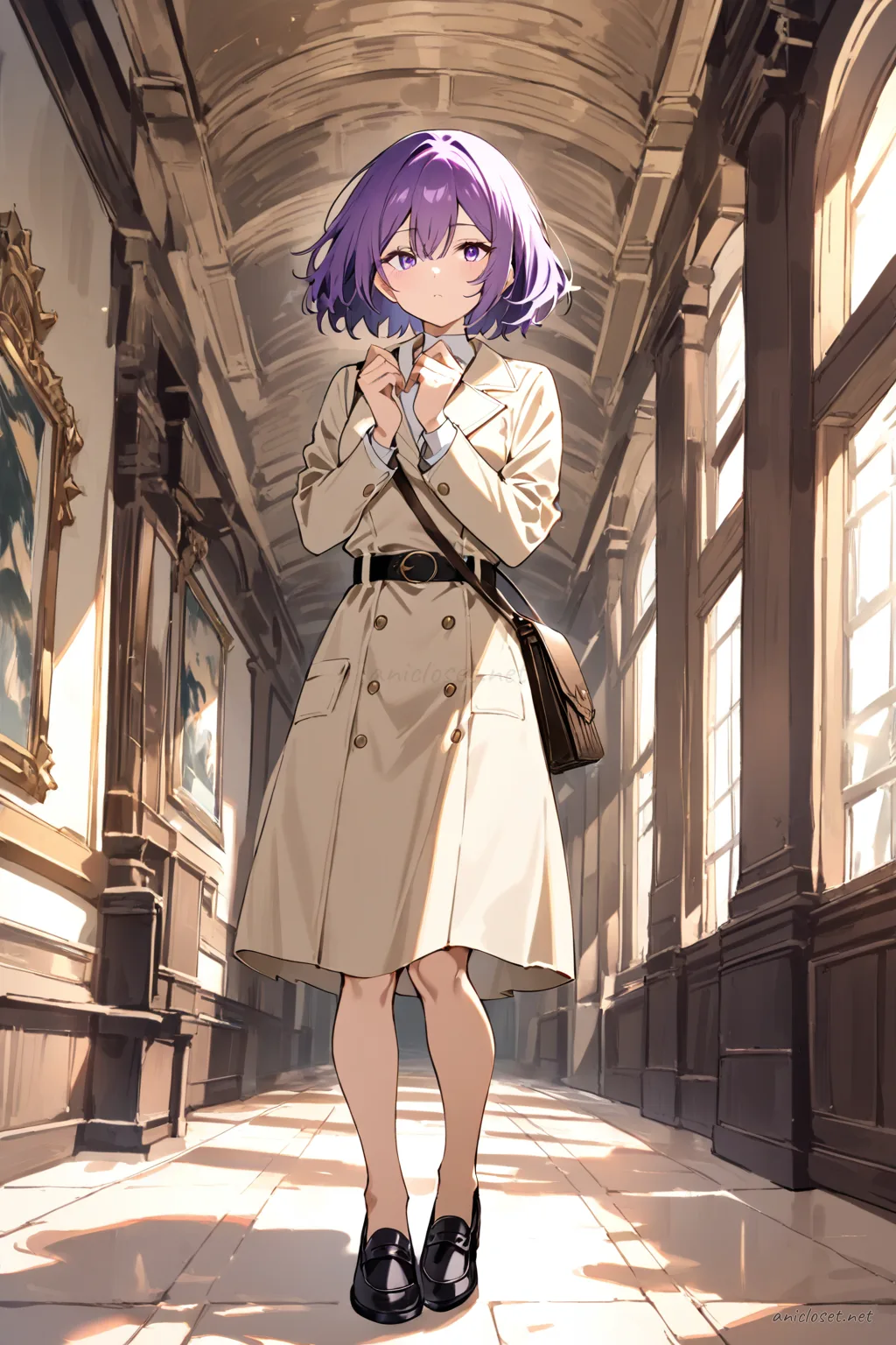 Illustration of Uvelle wearing a beige tailored blazer dress with belted waist and loafers, carrying a leather tote in an office corridor