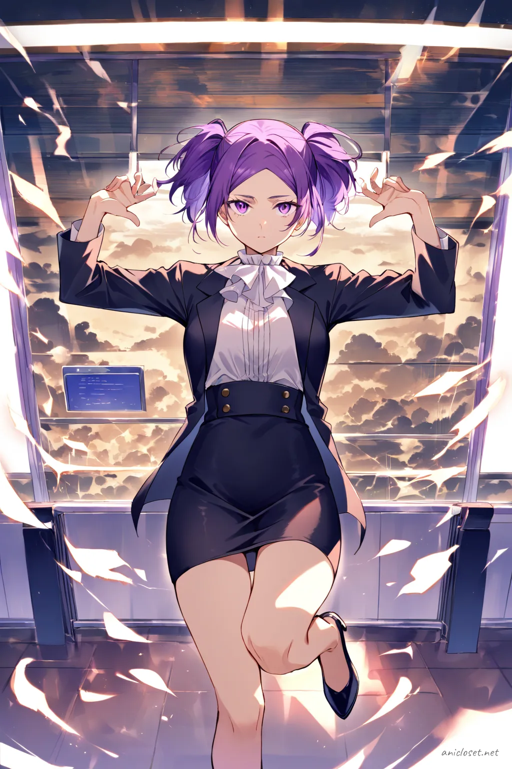 Illustration of Uvelle in a black blazer over white blouse, high-waist pencil skirt, and black pumps, posing in an elevator lobby
