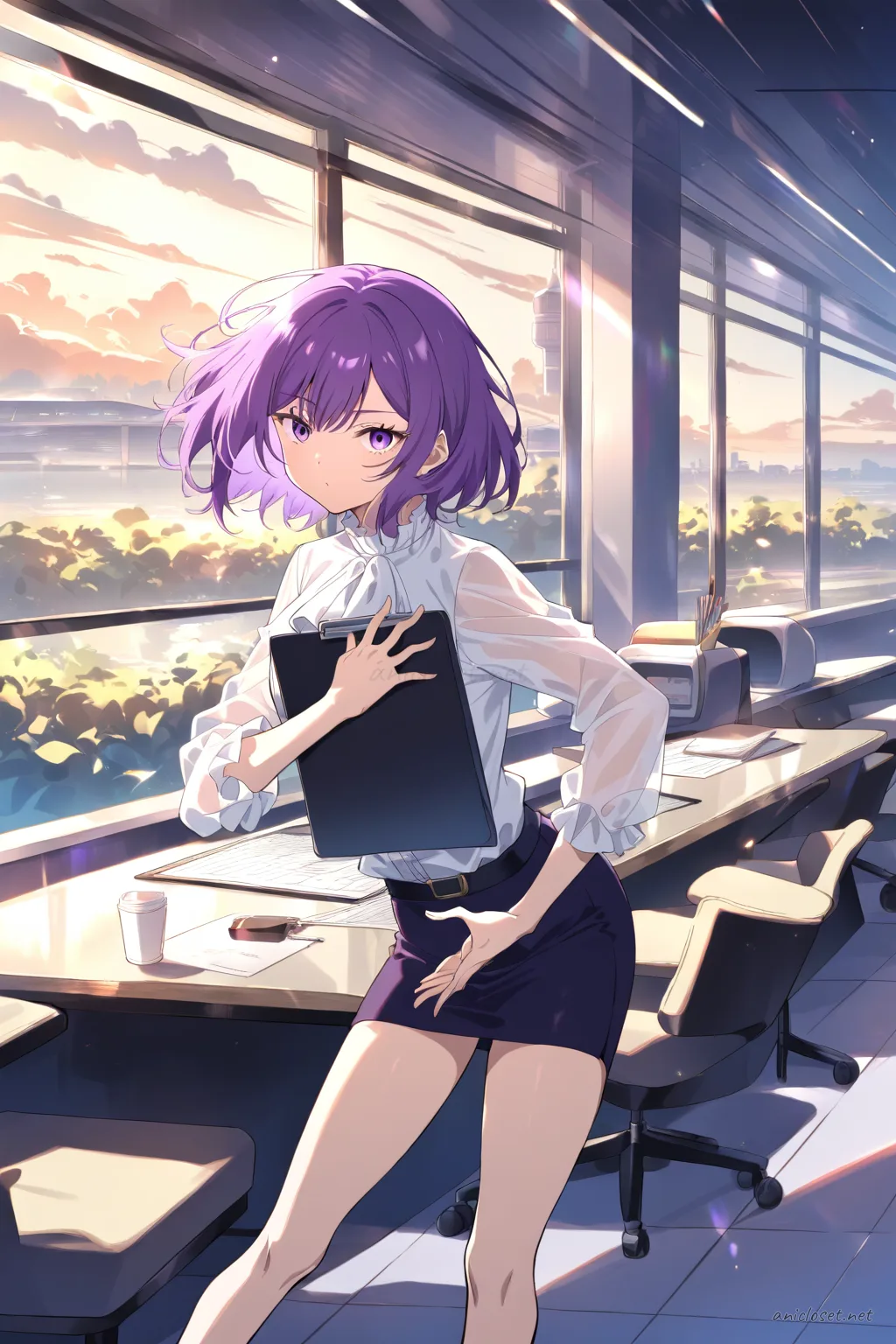 Illustration of Uvelle wearing a white blouse with sheer sleeves tucked into a black midi pencil skirt, black pumps, holding a clipboard in a bright conference room