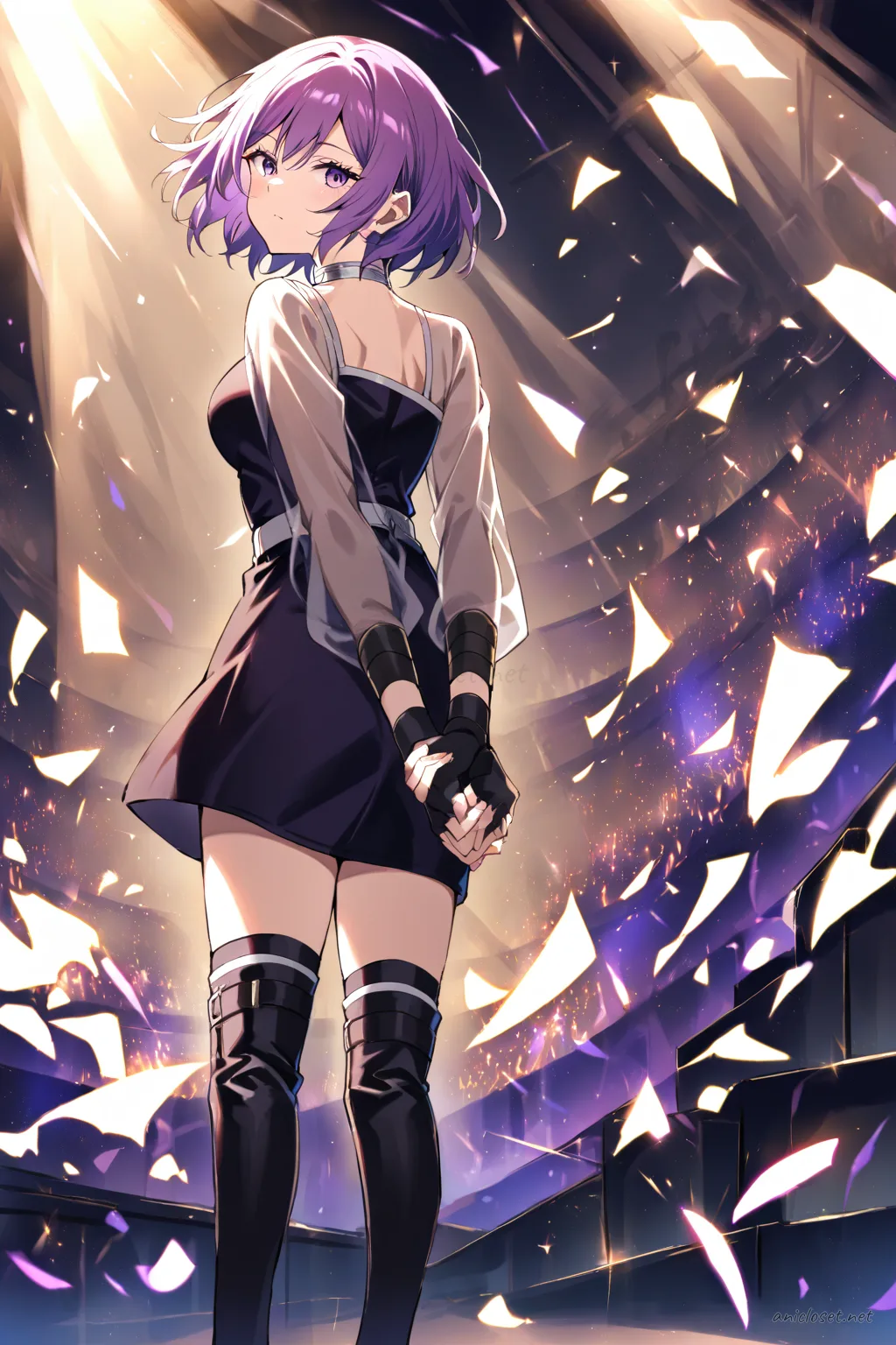 Illustration of Uvelle wearing a black leather mini dress with sheer long sleeves, fingerless gloves, thigh-high boots, and a silver choker
