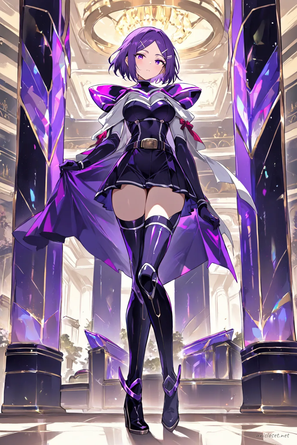 Full body front view of Uvelle wearing a futuristic idol costume with glossy panels, short flared skirt, thigh-high stockings, metallic boots, and ribbon hair clip
