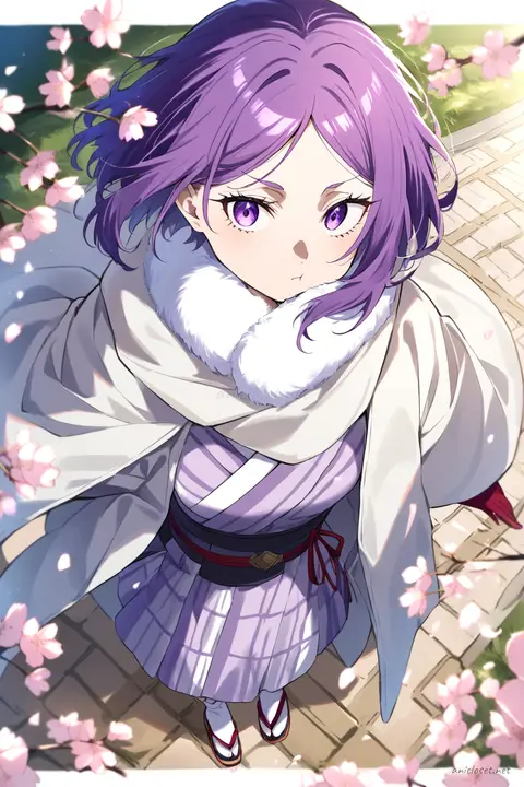 Illustration of Uvelle wearing a layered winter kimono with haori coat, muffler scarf, fur collar, tabi socks, and zori sandals