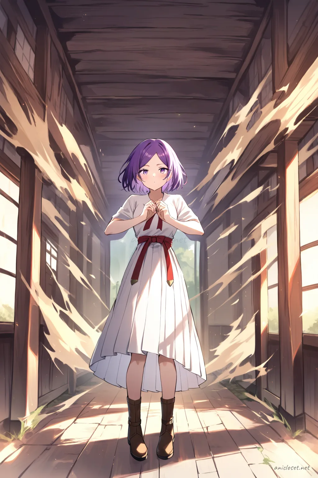 Full body front view of Uvelle wearing a white blouse, pleated hakama skirt, brown leather boots, and red ribbon belt