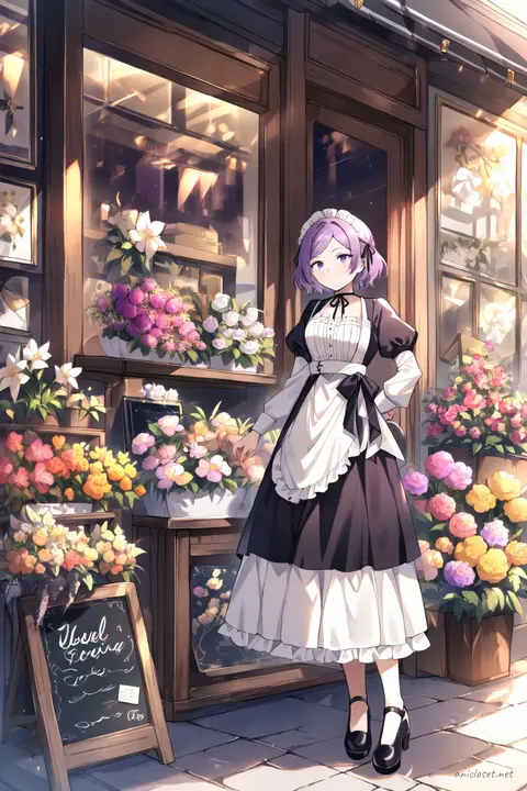 Illustration of Uvelle wearing a gothic maid dress with black lace trim, layered knee-length skirt, white apron, cross-tie ribbon choker, and black platform Mary Janes