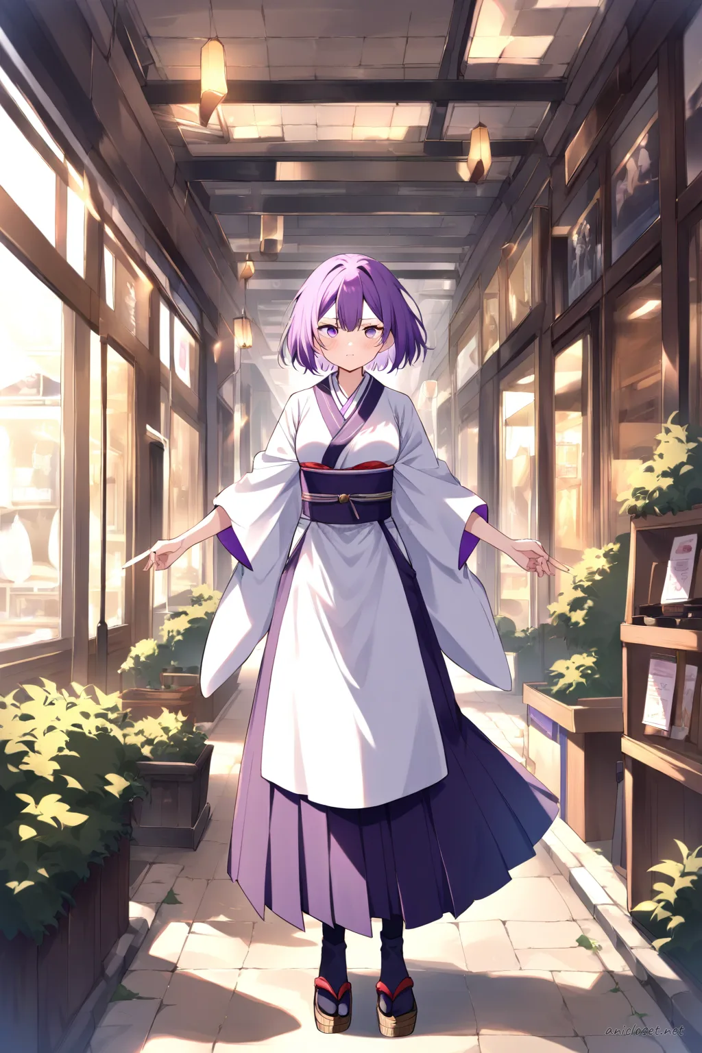 Illustration of Uvelle in Maid Look 07 wearing kimono sleeves, hakama-inspired skirt, white apron, ribbon obi, tabi socks, and zori sandals