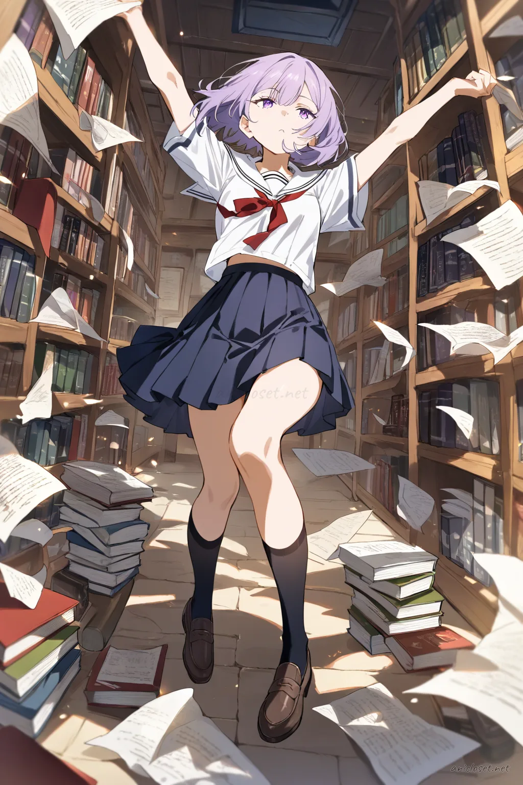 Illustration of Uvelle wearing a summer sailor uniform with short sleeves, red ribbon tie, navy pleated skirt, black knee socks, and loafers
