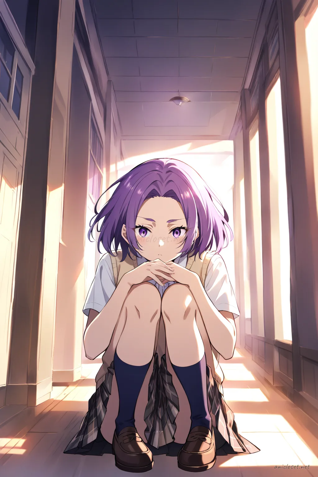 Illustration of Uvelle wearing a beige sweater vest over a white button-up shirt, plaid pleated skirt, navy over-the-knee socks, and loafers