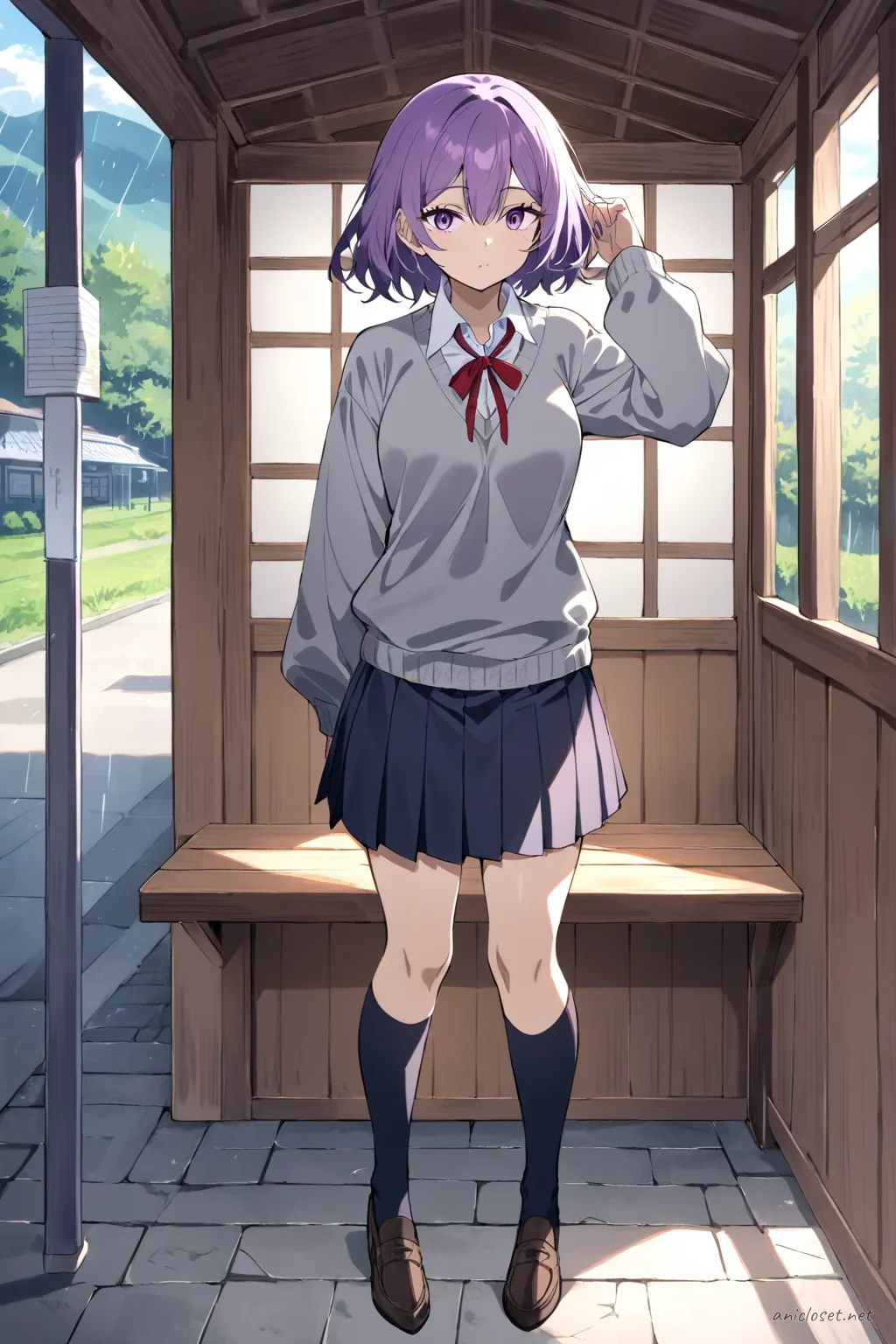 Illustration of Uvelle in a long pleated skirt, v-neck sweater, collared shirt, ribbon tie, knee socks, and loafers
