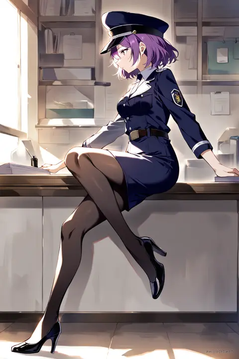 Full body profile of Uvelle in fitted navy policewoman uniform with pencil skirt, necktie, peaked cap, badge, black pantyhose, and low heels