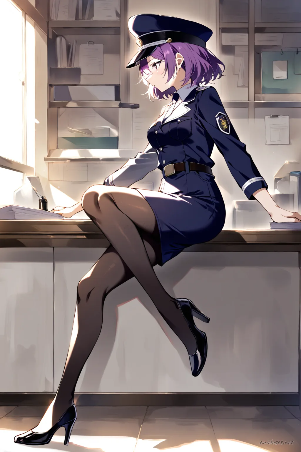 Full body profile of Uvelle in fitted navy policewoman uniform with pencil skirt, necktie, peaked cap, badge, black pantyhose, and low heels