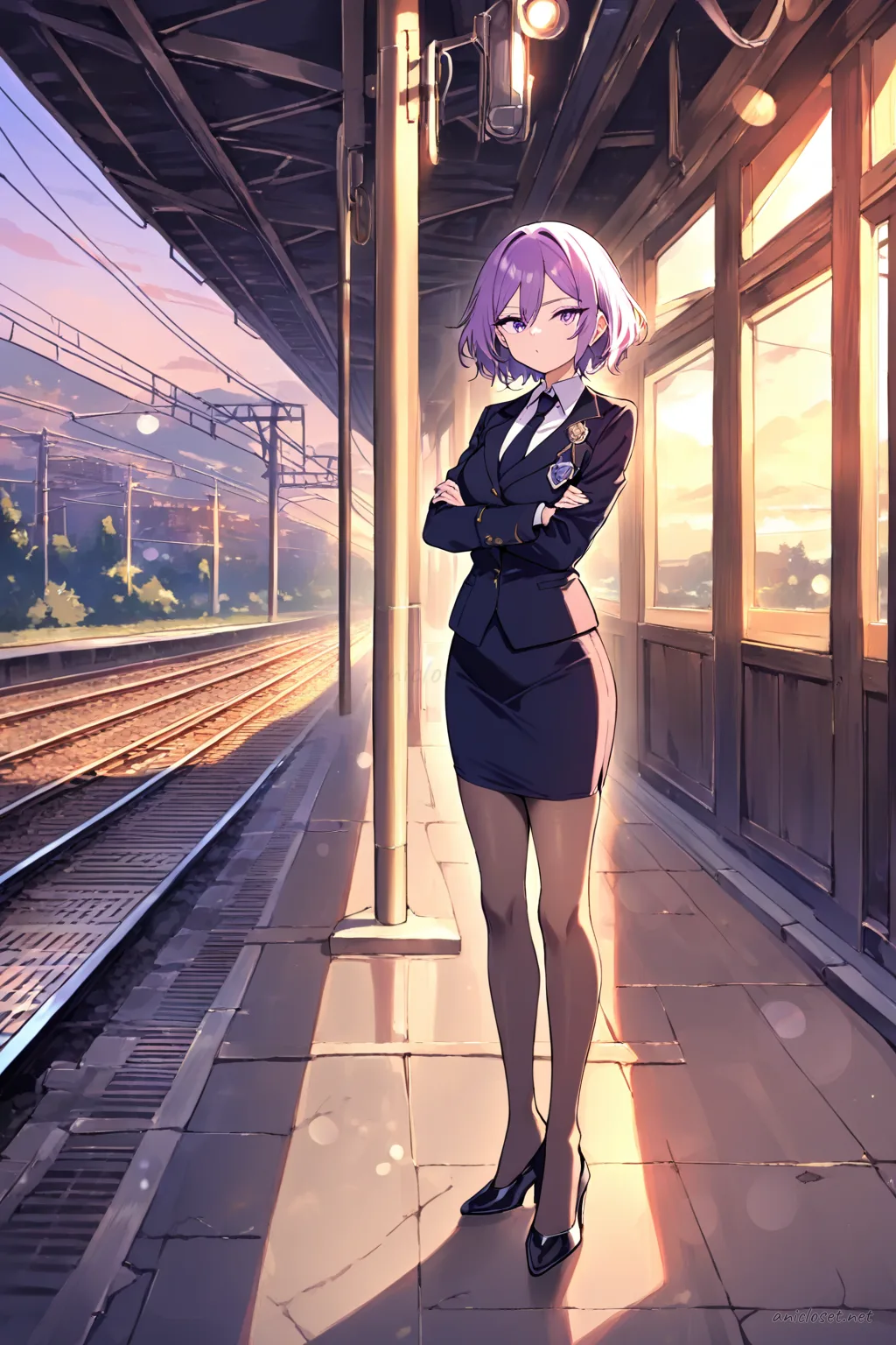 Illustration of Uvelle in a fitted blazer, necktie, pencil skirt, badge, radio mic, and sheer tights standing with a cool, alluring stance