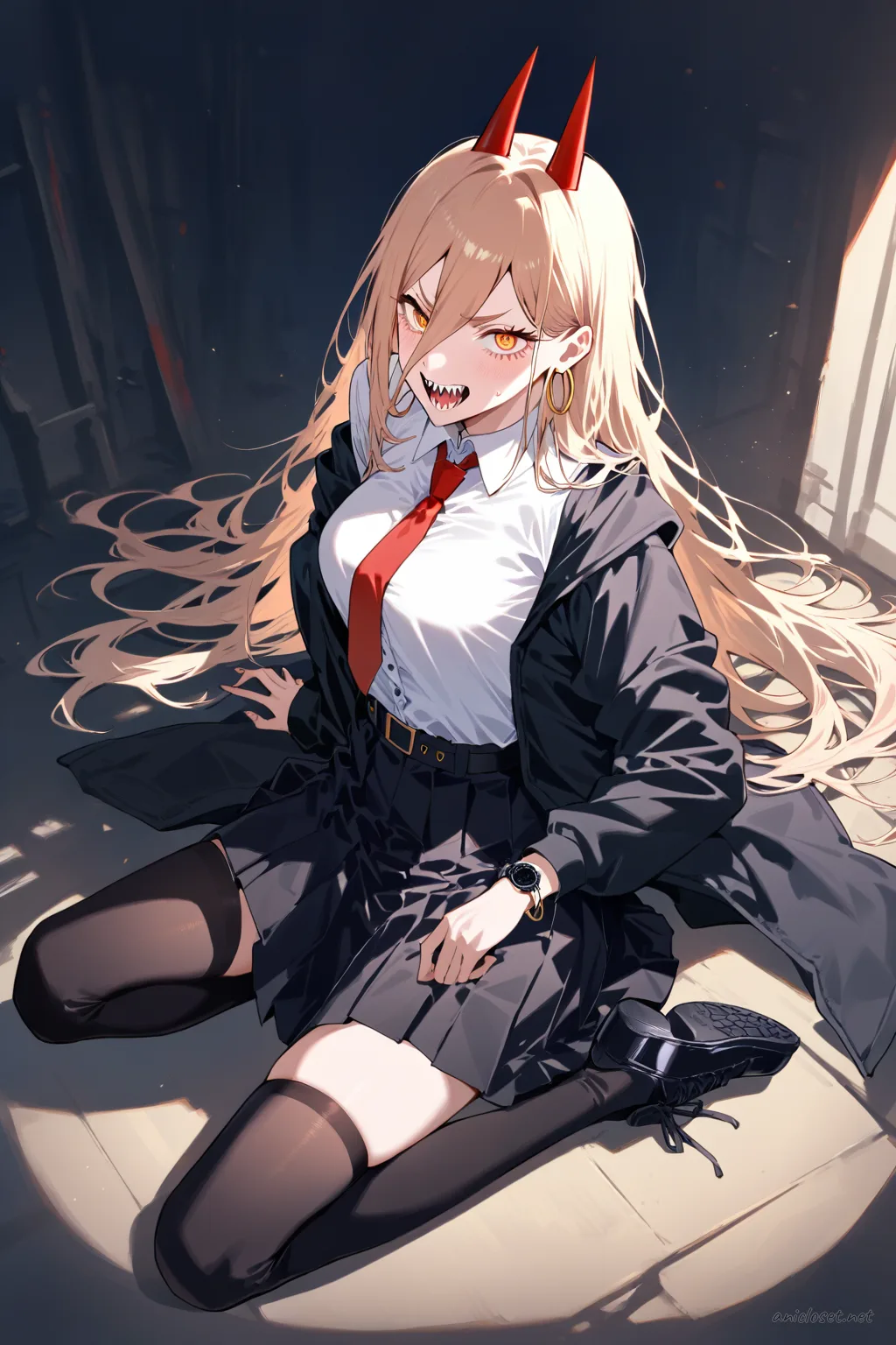Full-body three-quarter view illustration of Power from Chainsaw Man wearing a black suit jacket, white dress shirt, red necktie, black skirt, black belt, black thigh-high stockings, black dress shoes, gold hoop earrings, and a black wristwatch against a simple studio background