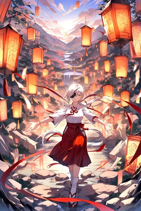 Quanxi wearing a shrine maiden kimono with white kosode, red hakama, red ribbon hair ties, and holding an ofuda charm