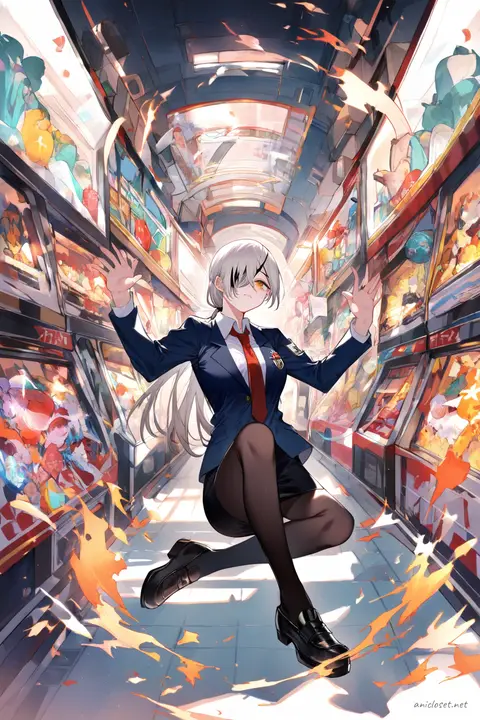 Illustration of Quanxi wearing a navy private academy blazer with school emblem, white dress shirt, red necktie, black pencil skirt, black tights, and black loafers