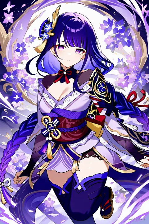Full-body three-quarter view illustration of Raiden Shogun in her classic purple and indigo kimono with floral patterns, gold trim, and traditional accessories