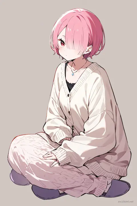 Full-body three-quarter view of Ram from Re:Zero wearing an oversized cardigan, soft lounge pants, long-sleeve top, slippers, and cozy socks against a clean background