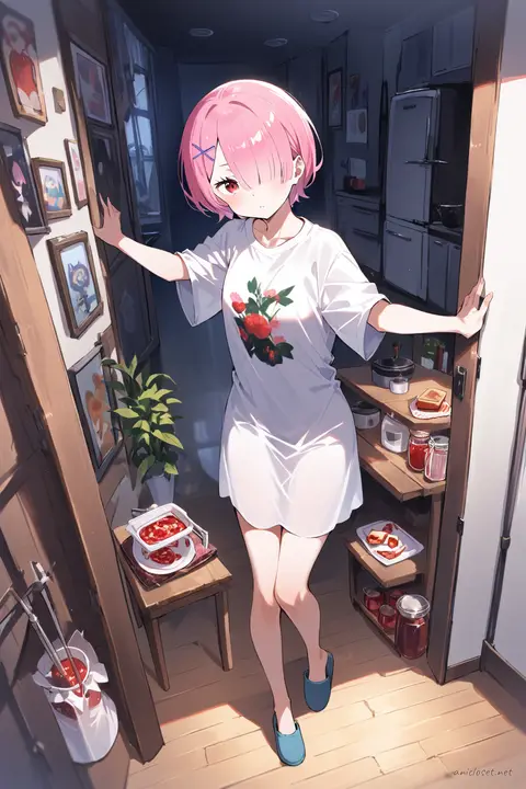 Full-body illustration of Ram in a satin robe layered over a graphic tee dress, wearing house slippers and a hair clip, standing in a kitchen doorway holding toast and a jam jar against a clean studio backdrop
