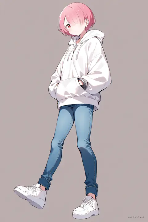 Full-body illustration of Ram from Re:Zero wearing an oversized hoodie, light blue cuffed jeans, and white low-top sneakers, standing against a simple studio background