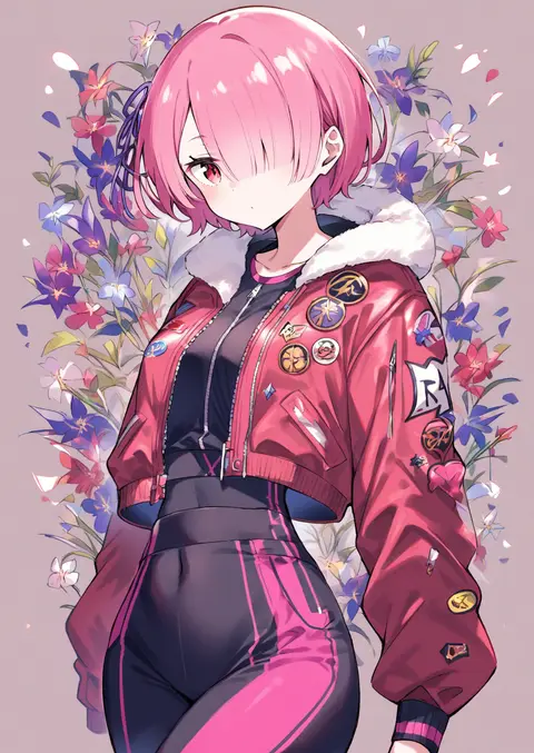 Illustration of Ram from Re:Zero wearing a cropped zip-up bomber jacket and slim tapered joggers in a soft-lit studio setting