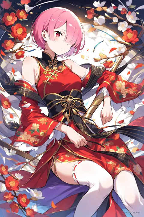 Full-body illustration of Ram from Re:Zero wearing a classic red qipao with gold trim, standing against a clean studio backdrop, shoes visible