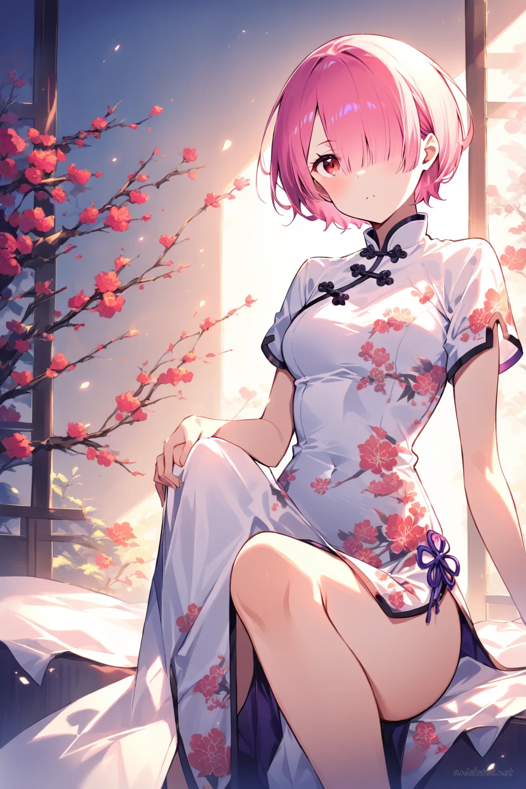 Illustration of Ram from Re:Zero wearing a short-sleeve fitted summer qipao with floral pattern and side slit, shown in knee-up half-body pose under soft studio lighting