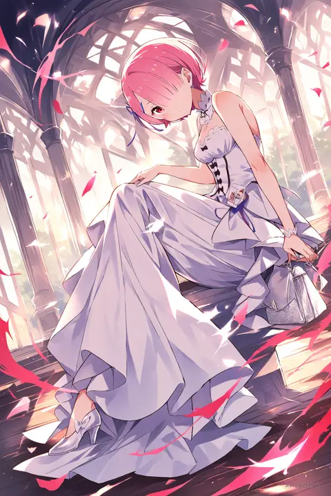 Full-body illustration of Ram from Re:Zero wearing a floor-length satin evening gown with a mermaid silhouette, standing pose with silver clutch and high heels against a simple studio backdrop