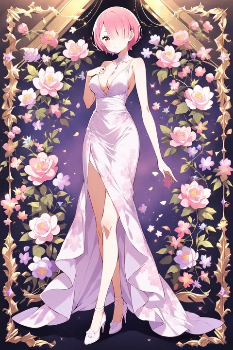 Full-body three-quarter view illustration of Ram from Re:Zero wearing a sleeveless knee-length cocktail dress with subtle floral pattern, fitted waist, v-neckline, elegant strappy heels, pearl stud earrings, small clutch bag, sheer nude pantyhose, and simple bracelet against a clean studio background