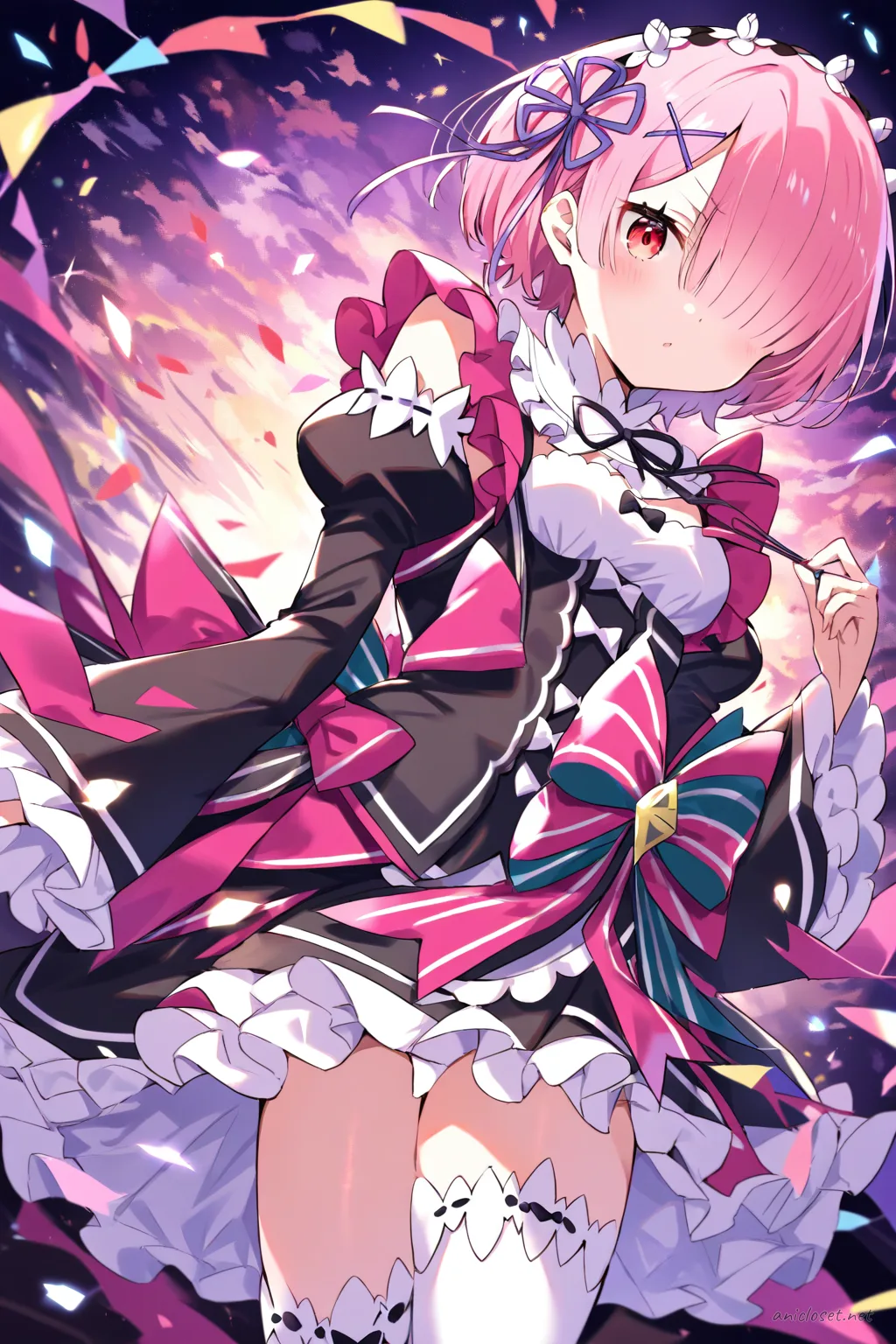 Full-body illustration of Ram from Re:Zero in a frilly idol dress with a large stage bow, standing pose against a clean studio background