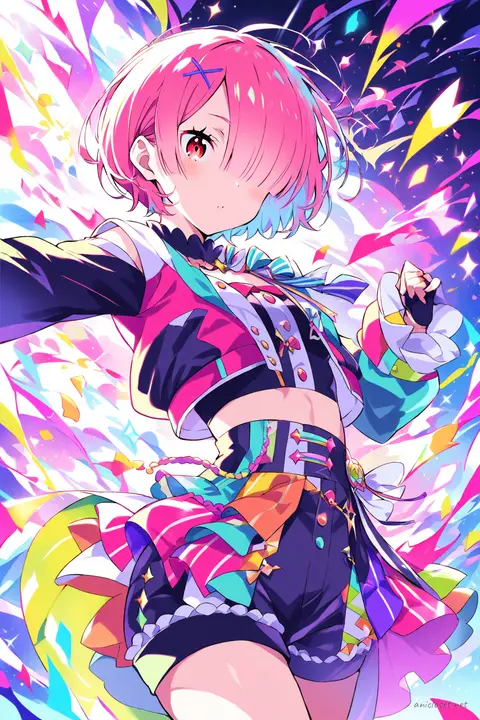Knee-up half-body illustration of Ram from Re:Zero wearing a colorful cropped idol jacket and high-waisted embellished shorts with fingerless gloves and thigh-high stockings under soft studio lighting