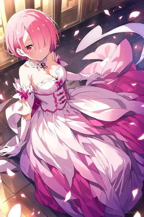 Half-body illustration of Ram from Re:Zero wearing an elegant off-shoulder satin evening gown with pearl necklace and long gloves under soft studio lighting
