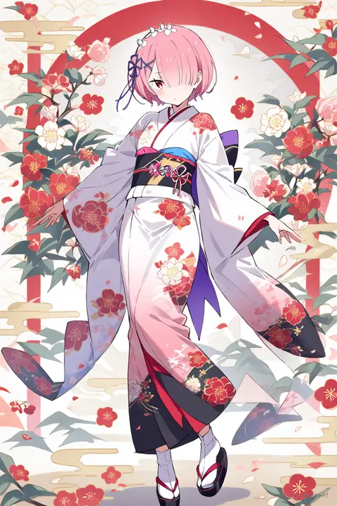Full-body illustration of Ram from Re:Zero wearing a furisode kimono with floral patterns and ornate obi, standing on a clean studio backdrop with traditional sandals and tabi socks