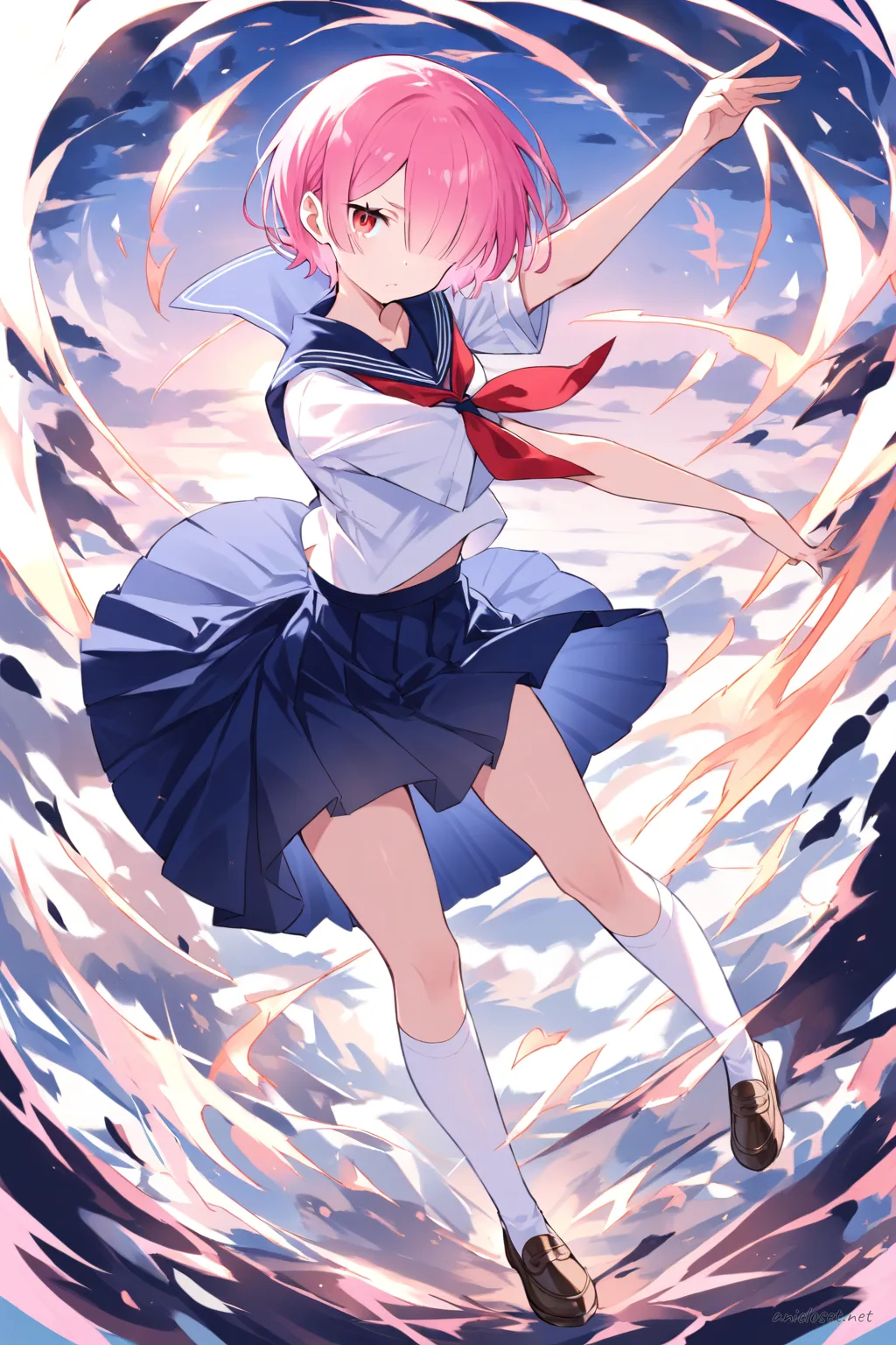 Full-body illustration of Ram from Re:Zero wearing navy sailor fuku with red neckerchief, pleated skirt, white knee-high socks, and brown loafers, standing against a clean studio backdrop