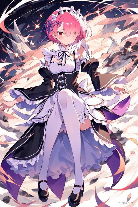 Full-body three-quarter view illustration of Ram from Re:Zero wearing her classic maid outfit with headdress, black and white dress, white apron, puffed sleeves, frilled collar and skirt, thighhigh stockings, black mary jane shoes, white wrist cuffs, ribbon bow at chest, and frilled garter on simple studio background