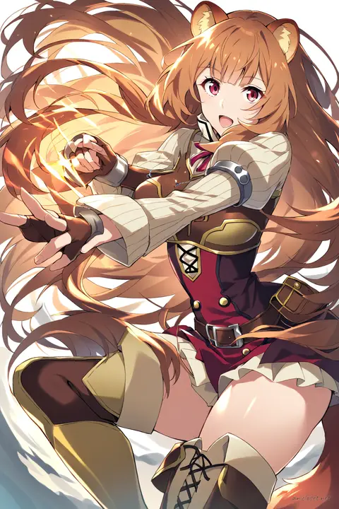 Knee-up half-body illustration of Raphtalia wearing brown leather corset, white puffed blouse, dark brown pleated skirt, thigh-high brown boots, leather belt with pouch, and fingerless gloves under soft studio lighting