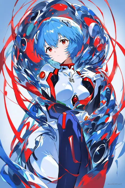 Knee-up half-body illustration of Rei Ayanami wearing her white and blue plug suit with red accents, high collar, gloves, and boots against a clean background with soft studio lighting