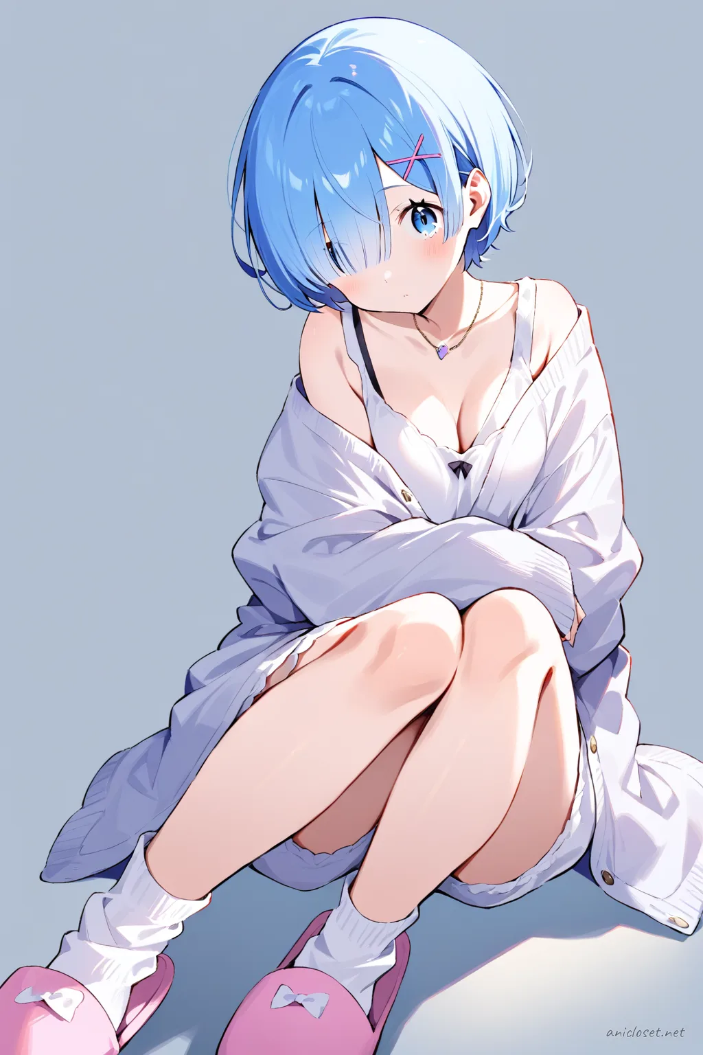 Full-body illustration of Rem from Re:Zero wearing an oversized cardigan, soft lounge pants, slip-on house slippers, standing against a clean studio backdrop